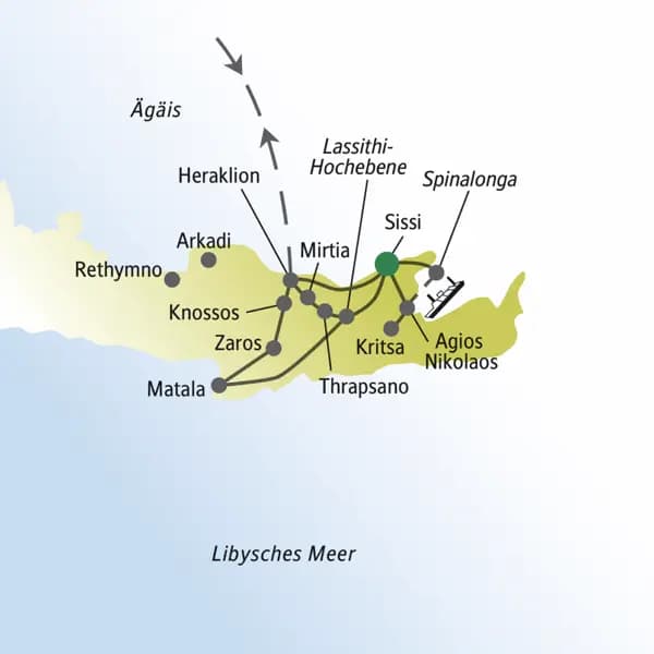 Unsere me&more-Reise für Singles und Alleinreisende führt uns über die Insel u.a. nach Heraklion, Knossos, Spinalonga und zur Lassithi-Hochebene.