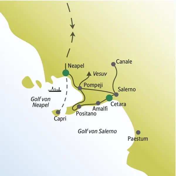 Reisekarte der me & more-Rundreise Golf von Neapel mit den wichtigsten Stationen wie Neapel, Pompeji, Cetara, Salerno, Capri und Positano.