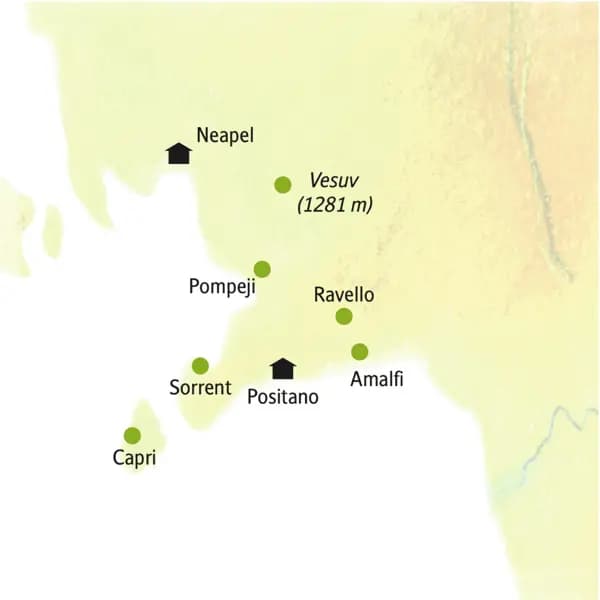 Auf unserer smart&small-Reise an den Golf von Neapel wohnen wir in Neapel und Positano. Von da aus starten wir z.B. nach Pompeji, Sorrent, Capri, Amalfi, Ravello und zum Vesuv.