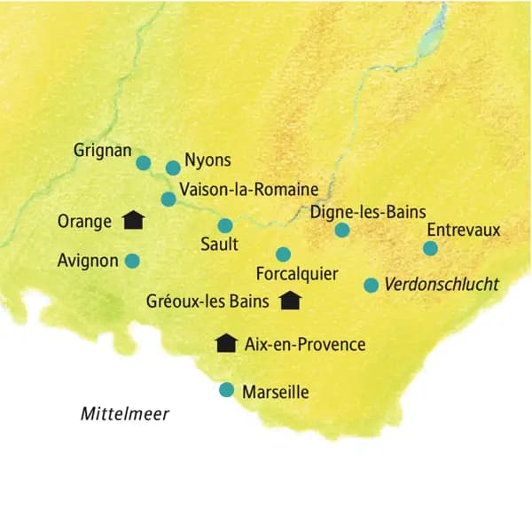 Auf dieser smart&small-Reise in die Provence wohnen wir in Aix-en-Provence,Orange und Gréoux-les Bains. Von dort aus unternehmen wir jeweils entspannte Ausflüge ans Meer und in die Berge.