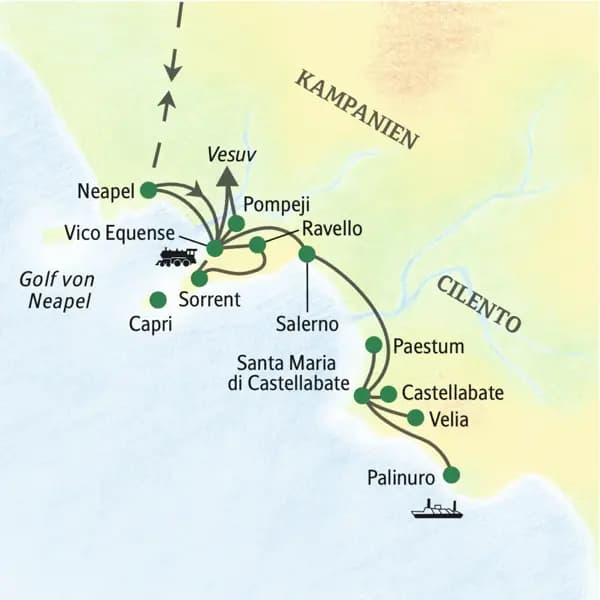 Reisekarte der Studiosus-Reise Golf von Neapel-Cilento - Erlebnis und Freizeit mit den Standorten Vico Equense und Santa Maria Castellabate und den wichtigsten Stationen, wie z.B. Sorrent, Ravello, Neapel, Paestum und Velia.