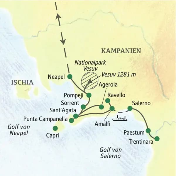 Die Reiseroute unserer Wander-Studienreise führt uns nach Vico Equense und Cetara. Wir wandern unter anderem an der Punta Campanella und auf dem Sentiero degli Dei.