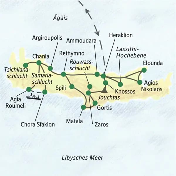Unsere Wanderreise auf Kreta startet in Heraklion und führt u. a. über Zaros, Chania und Ammoudara zurück nach Heraklion.