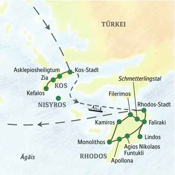 Diese Studienreise bringt Sie auf zwei griechische Inseln: Kos und Rhdos, wo Sie u.a. bis nach Kefalos und Monolithos reisen.