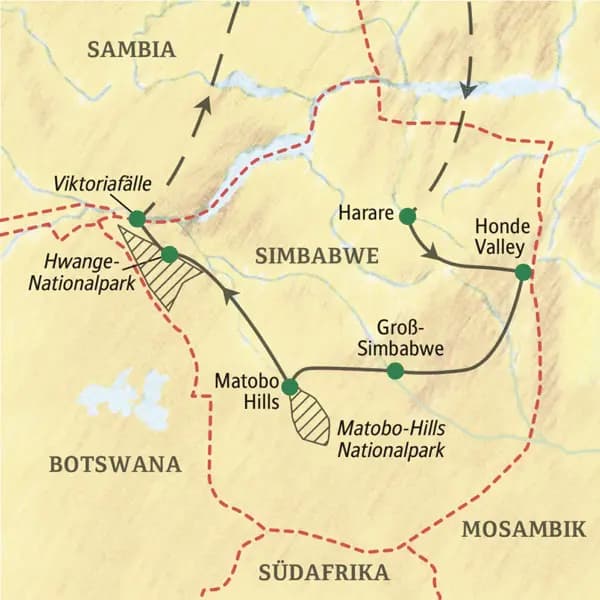 Die Rundreise durch Simbabwe beginnt in Harare und endet in Victoria Falls. Unterwegs besuchen wir die Eastern Highlands, die Ruinen von Great Zimbabwe und den Hwange-Nationalpark.