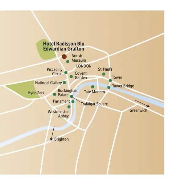 Der Stadtplanausschnitt zeigt die Innenstadt von London mit ihren vielen Sehenswürdigkeiten und den Standort unseres Hotels Radisson Blu Edwardian Grafton.