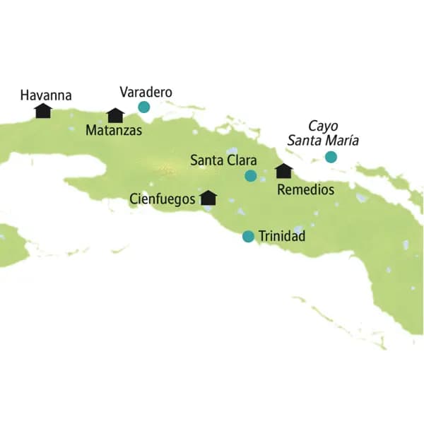 Unsere Reiseroute durch Kuba startet in Havanna und führt über Cienfuegos, Remedios und Matanzas zurück in die Hauptstadt. Auch Santa Clara und Trinidad erleben Sie auf dieser smart & small-Rundreise. Natürlich bleibt auch Zeit für Strand und Meer.