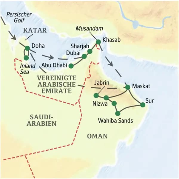 Während unserer Studienreise in den  Oman, die Emirate und nach Katar kommen Sie unter anderem in folgende Orte: Abu Dhabi, Dubai, Sharjah, Khasab, Maskat, Nizwa, Jabrin, Wahiba Sands, Sur und Doha.
