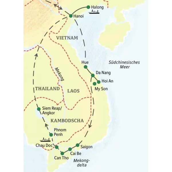 Die wichtigsten Stationen dieser 18-tägigen Studienreise durch Vietnam und Kambodscha sind Hanoi, Halongbucht, Hue, Hoi An, Saigon, Mekongdelta, Phnom Penh und Angkor Wat.