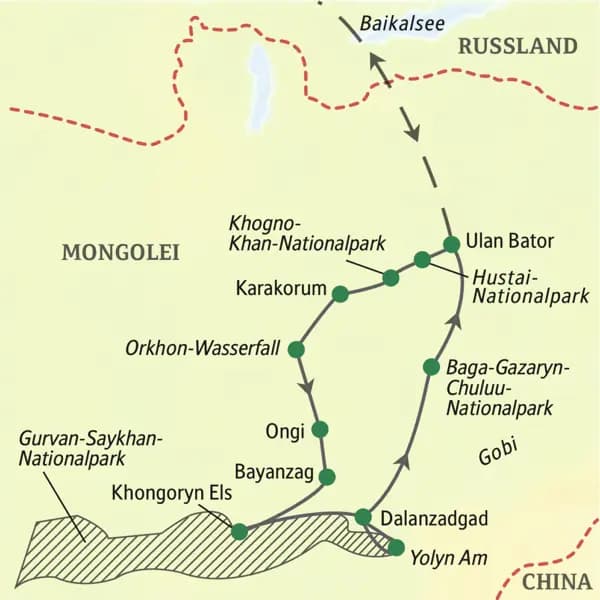 Die spannende Route dieser 15-tägigen Studiosus-Expedition führt an den Rand der Wüste Gobi, ins Orkhon-Tal und auch ins sagenumwobene Karakorum.