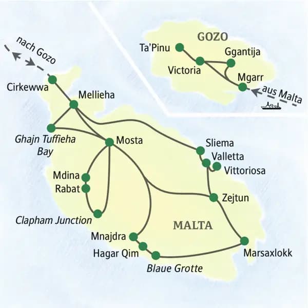 Die Gäste dieser Studienreise nach Malta und Gozo besuchen die Höhepunkte der beiden Inseln mit Valletta, Mdina, Rabat und Victoria.