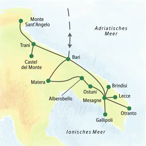 Reisekarte der Studienreise Apulien - umfassend erleben mit den wichtigsten Stationen, wie zum Beispiel Bari, Castel del Monte, Matera, Ostuni, Brindisi, Gallipoli, Lecce und Otranto.
