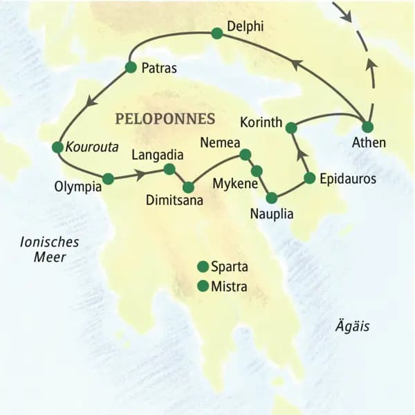 Unsere Studienreise mit Muße durch Griechenland führt über Athen, Delphi, Olympia, Nauplia, Mykene, Epidauros.