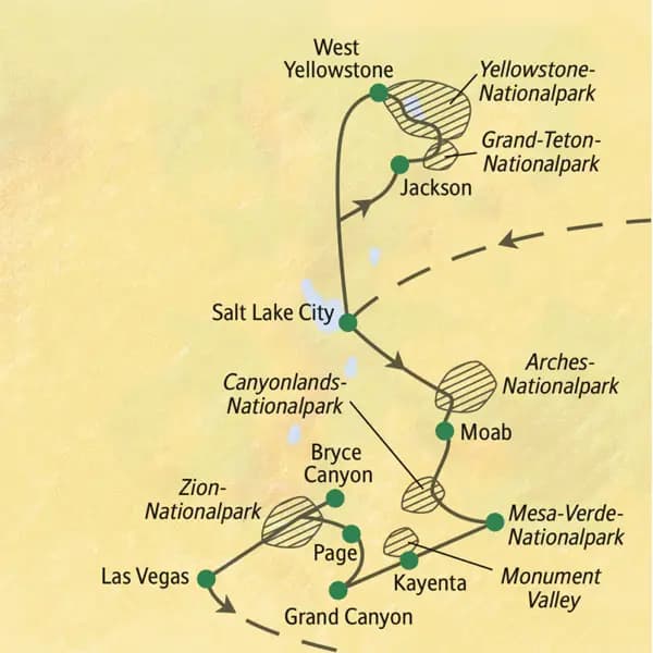 Die Route dieser Rundreise führt in 17 Tagen von Salt Lake City zum Yellowstone-Nationalpark und durch die Canyonlandschaften Utahs weiter zum Monument Valley und zum Grand Canyon. Die Studienreise endet spektakulär in Las Vegas.