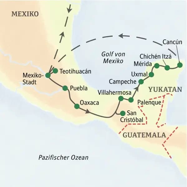 Die Reiseroute unserer 16-tägigen Studienreise durch Mexiko führt über Puebla, Oaxaca und San Christóbal bis auf die Halbinsel Yukatan und dort über Uxmal und Chichén Itzá bis nach Cancún.