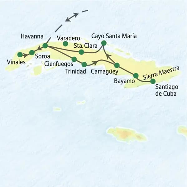 Die wichtigsten Stationen der 16-tägigen umfassenden Studienreise durch Kuba: Havanna, Vinales, Cienfuegos, Trinidad, Santiago de Cuba und Cayo Santa María.