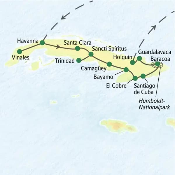 Unsere Studienreise durch Kuba führt von West nach Ost, beginnend in Havanna mit einem Ausflug nach Vinales über Santa Clara, Trinidad, Camagüey, Santiago de Cuba und Baracoa bis nach Guardalavaca.