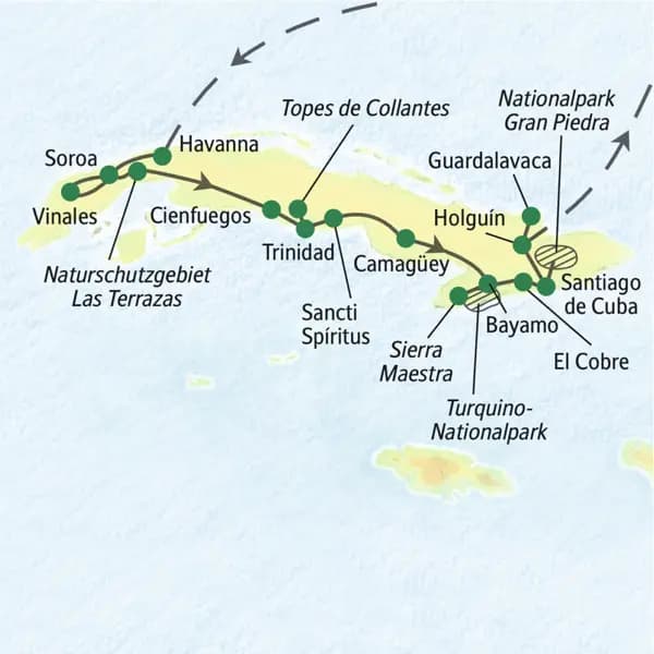 Auf dieser Wanderreise mit Studiosus sehen Sie die wichtigsten Städte wie Havanna, Trinidad und Santiago de Cuba. Wir wandern aber auch durch Tabakfelder, grüne Berglandschaften und zu rauschenden Wasserfällen. Die Reiseroute führt von Havanna in den Westen Kubas, an der Südküste entlang, in den Osten der Insel und schließlich nach Guardalavaca an der Nordküste.