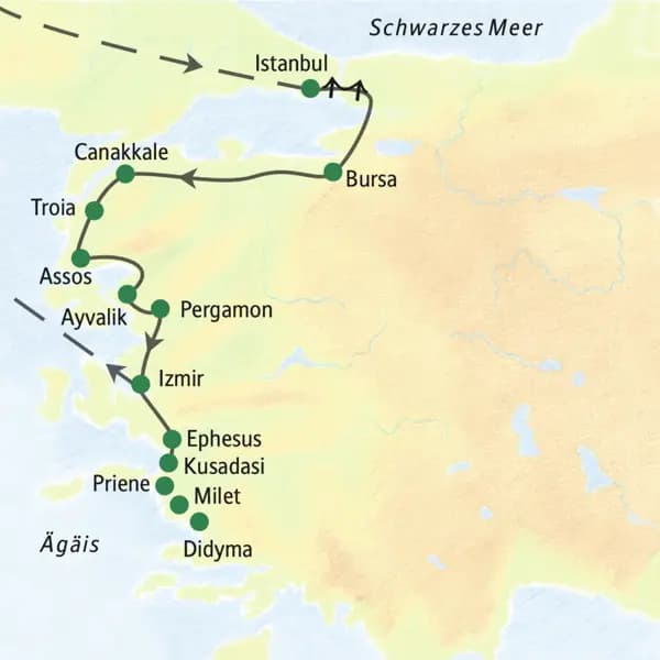 Die Landkarte zeigt die Reiseroute durch die Westtürkei: von Istanbul über Bursa entlang der Ägäisküste nach Troia, Pergamon und Ephesus.