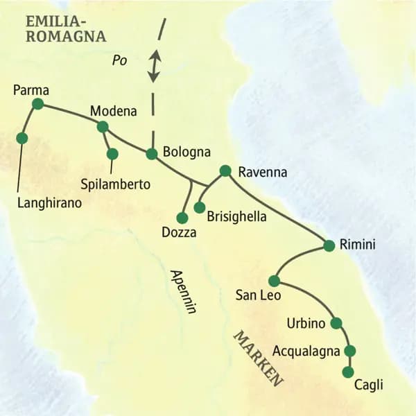Unsere Stationen auf der Studienreise durch Italien sind Bologna, Ravenna und Urbino.