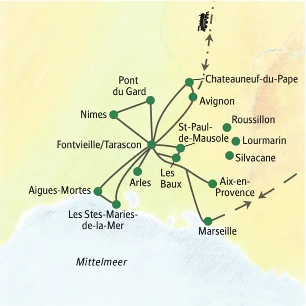 Auf dieser Studienreise können Sie je nach Termin zwischen zwei Landhotels am Fuße der Alpilles wählen. Ob Sie sich für das Hotel Mazets des Roches oder das Hotel Belesso entscheiden - die Höhepunkte der Provence sind immer gut zu erreichen. Sie besuchen u.a. die Camargue, Aix-en-Provence, Roussillon und Les Stes-Maries-de-la-Mer.