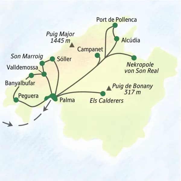 Wichtigste Stationen dieser Studienreise zum Wandern auf Mallorca: Peguera, Alcúdia, Palma, Sóller und Valldemossa.