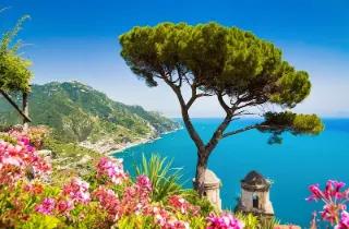 Die Amalfi-Küste mit einem Baum, farbenfrohen Blumen und dem türkisfarbenen Meer im Hintergrund.