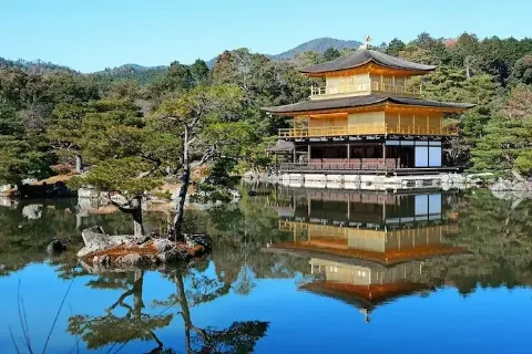 Der Goldene Pavillon und Kinkakuji-Tempel zwischen Bäumen und an einem Teich in der japanischen Stadt Kyoto.
