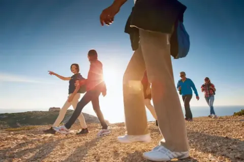 Eine Gruppe von Menschen, die in der Natur wandern und sich unterhalten.
