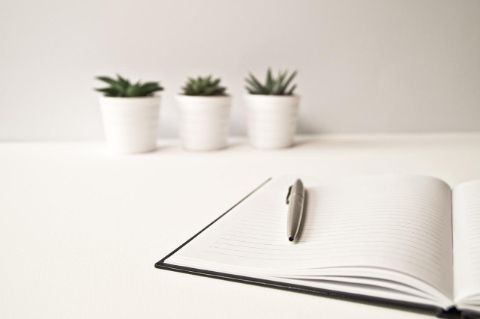 Ein Stift liegt auf einem offenen Notizbuch mit leeren Seiten.