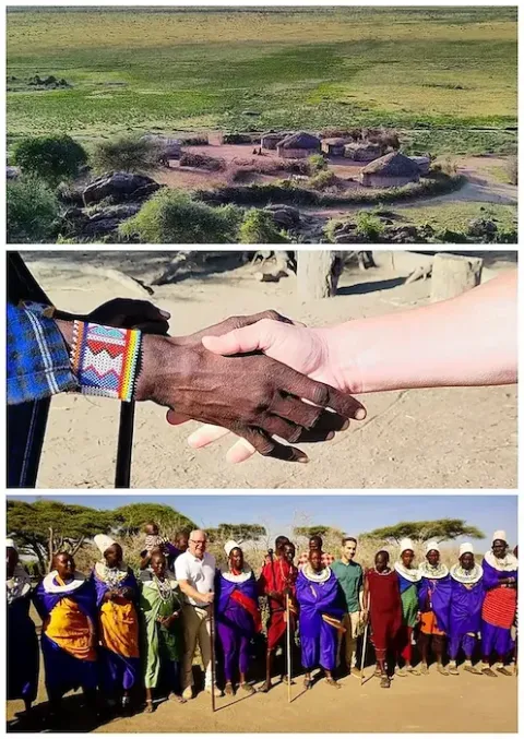 Drei Bilder von einem Dialogforum mit den Maasai in Tansania, eine Landschaft, eine Nahaufnahme einer Hand und die Teilnehmer des Dialogforums.