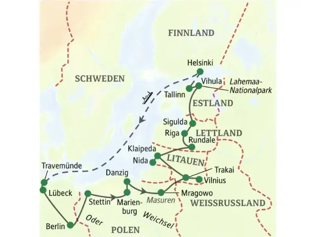Eine Landkarte mit Reiseroute durch Deutschland, Polen, Litauen, Lettland, Estland und Finnland.