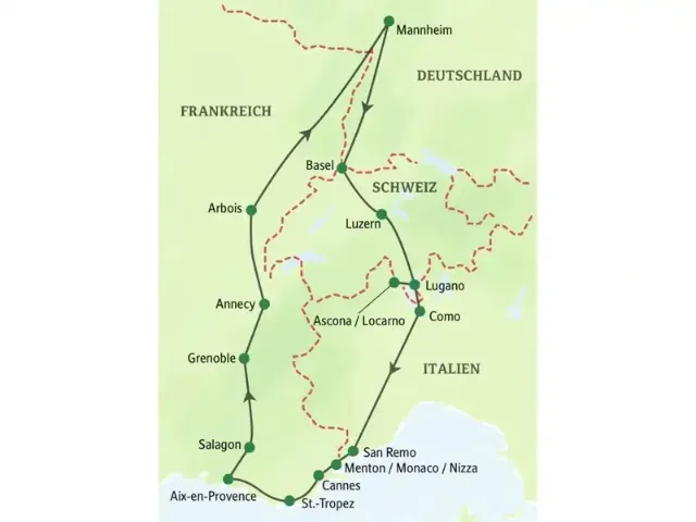 Eine Landkarte mit Reiseroute durch Deutschland, der Schweiz, Italien und Frankreich.