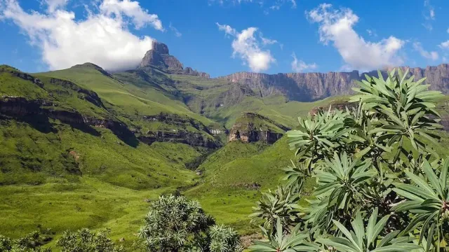 Die grüne Berglandschaft der Drakensberge in Südafrika bei blauem Himmel.