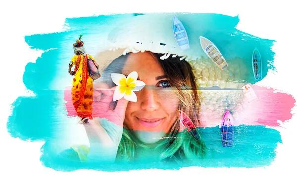 Eine Bildkollage mit einer Frau vor einem türkisblauen Hintergrund, die eine weiße Blume vor ihrem linken Auge hält und in die Kamera lächelt.