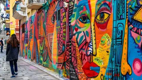 Bei unserer Städtereise in Athen sehen wir bunte und lebendige Straßenkunst an den Häuswänden.