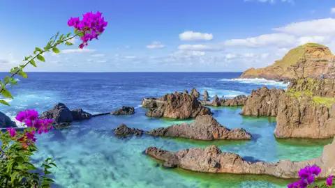 Die natürlichen Meeresschwimmbecken von Porto Moniz auf Madeira, ein im Reiseverlauf geplanter Besuch, mit türkisfarbenem Wasser und dunklen Lavafelsen unter blauem Himmel.