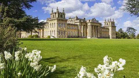 Auf unserer Gruppenreise mit Studiosus entdecken wir den barocken Blenheim Palace, eine Sehenswürdigkeit, mit einer großen Parkanlage und blühenden Blumen im Vordergrund unter einem blauen Himmel.