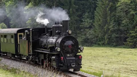 Historische Dampflokomotive der Waldviertelbahn fährt mit weißem Dampf durch die grüne Landschaft Niederösterreichs, ein Highlight auf unserer Rundreise mit Studiosus,