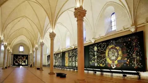 Der monumentale Wandteppichzyklus 'Le Chant du Monde' in der Ausstellungshalle mit gotischem Gewölbe der Cité de la tapisserie, ein Stop auf unserer Gruppenreise mit Studiosus.