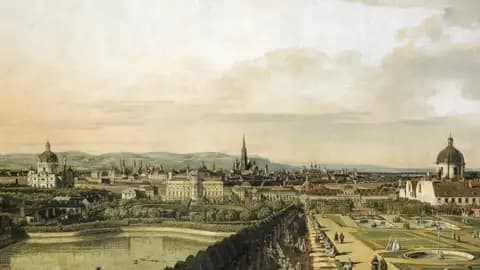 Gemälde von Bernardo Bellotto mit dem Blick vom Schloss Belvedere auf die Stadt Wien und den Stephansdom im 18. Jahrhundert.
