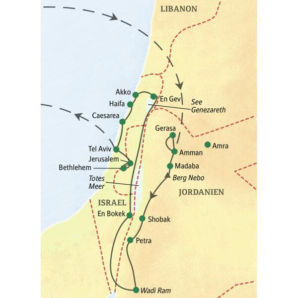 Die Reiseroute der Studiosusreise "Klassik: Jordanien- Israel umfassen erleben".