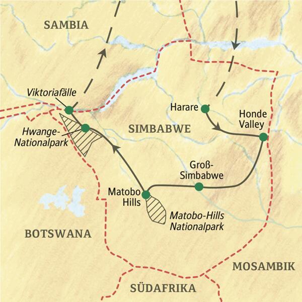 Die Rundreise durch Simbabwe beginnt in Harare und endet in Victoria Falls. Unterwegs besuchen wir die Eastern Highlands, die Ruinen von Great Zimbabwe und den Hwange-Nationalpark.