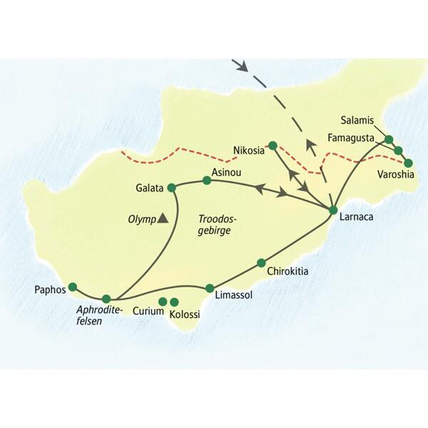Die Reiseroute über die Insel Zypern startet in Larnaca und führt u.a. über Salamis, Nikosia, Galata, Paphos, Limassol und Chirokitia wieder zurück nach Larnaca.
