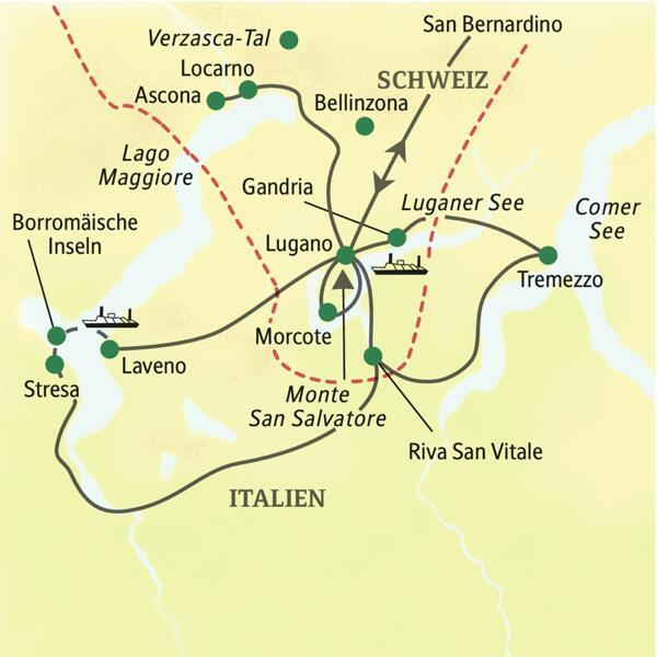 Auf unserer Studienreise mit Muße erkunden wir von unserem familiären und komfortablen Standorthotel in Lugano aus die schönsten Orte am Luganer See. Außerdem unternehmen wir Ausflüge zum Lago Maggiore, zum Comer See und auf Wunsch ins wildromantische Verzasca-Tal.