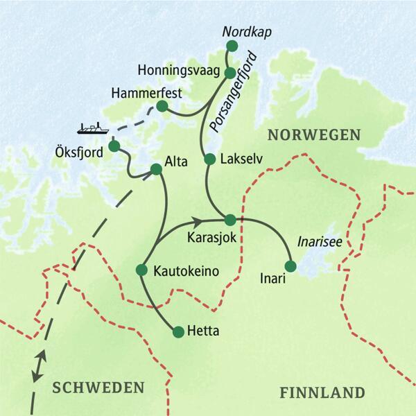 Die Route dieser einwöchigen Winterreise von Studiosus durch Lappland führt auch nach Inari, ans Nordkap und nach Hammerfest.