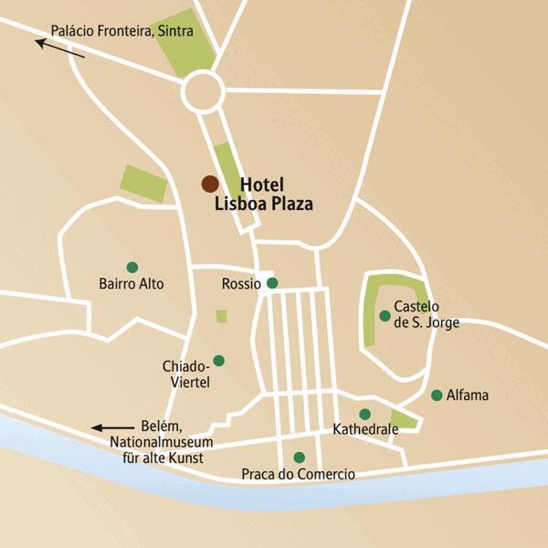 Das Hotel Lisboa Plaza, in dem Sie auf dieser Städtereise nach Lissabon viermal übernachten, liegt zentral. Auch andere Besichtigungspunkte wie das Castelo de Sao Jorge, die Alfama, das Chiado-Viertel und das Bairro Alto sind von dort aus gut zu erreichen.