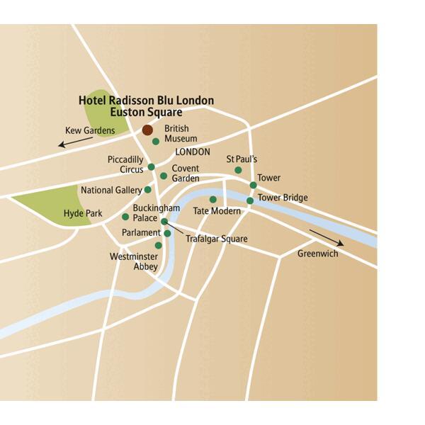 Der Stadtplanausschnitt zeigt die Innenstadt von London mit ihren vielen Sehenswürdigkeiten und den Standort unseres Hotels Radisson Blu London Euston Square auf unserer sechstägigen London-Städtereise.