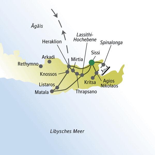 Unsere me&more-Reise für Singles und Alleinreisende führt uns über die Insel u.a. nach Heraklion, Knossos, Spinalonga und zur Lassithi-Hochebene.