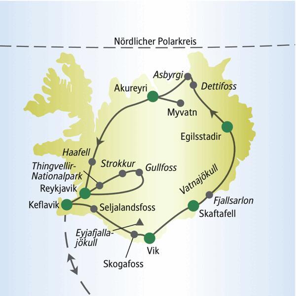 Diese Reise für Singles und Alleinreisende führt auf der Ringstraße rund um Island über die Stationen Keflavik, Vik, Höfn, Breidalsvik, Akureyri und Reykjavik.